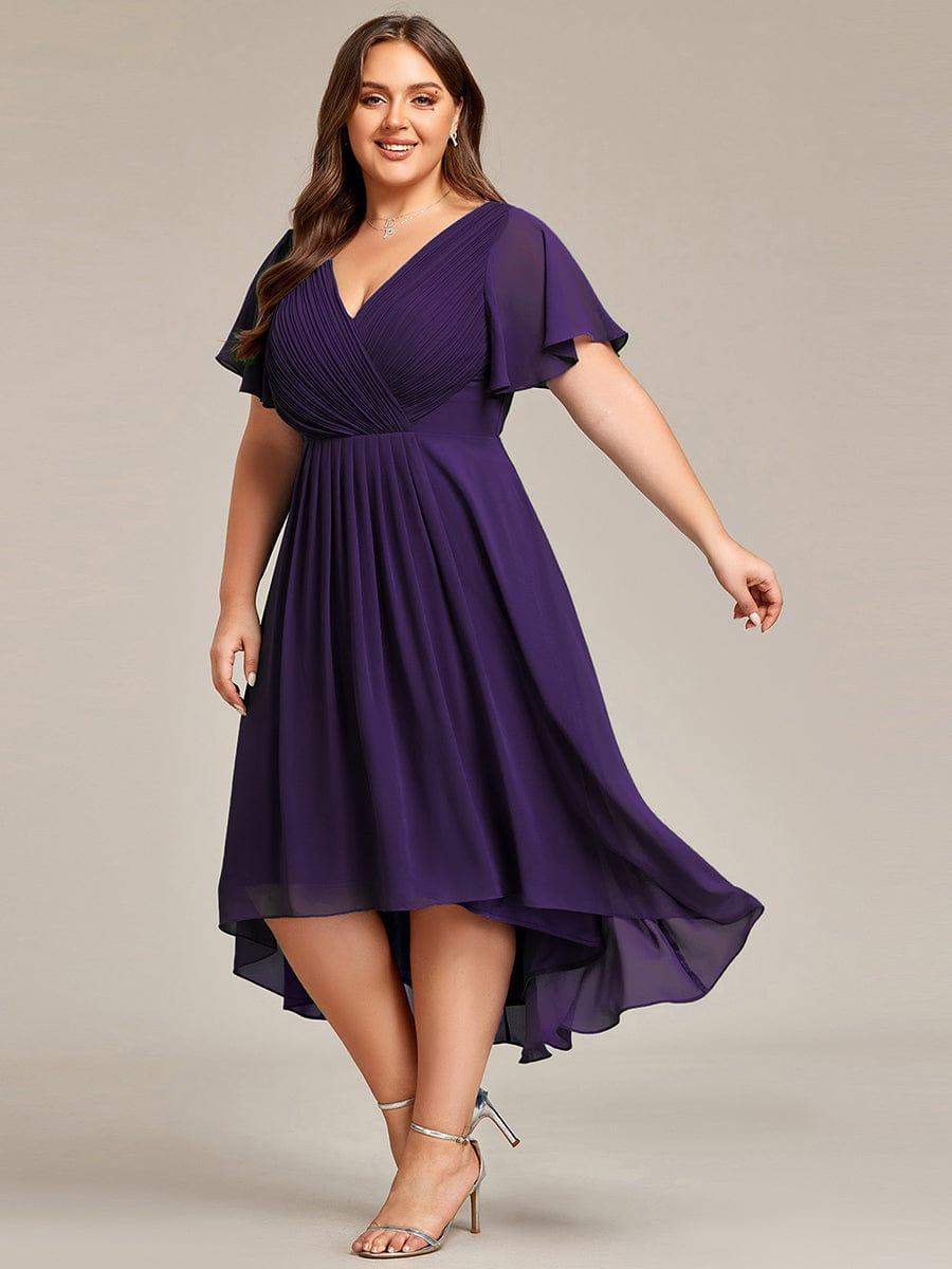Chiffon Hoch-Tief Hochzeitsgastkleid mit V-Ausschnitt und kurzen Ärmeln 121