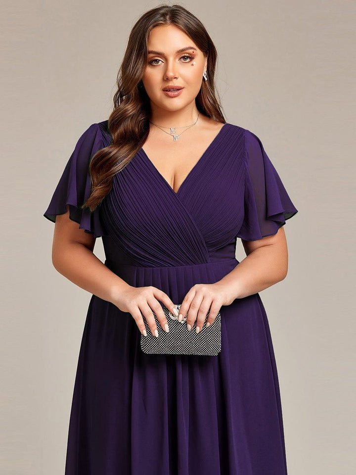 Chiffon Hoch-Tief Hochzeitsgastkleid mit V-Ausschnitt und kurzen Ärmeln 123