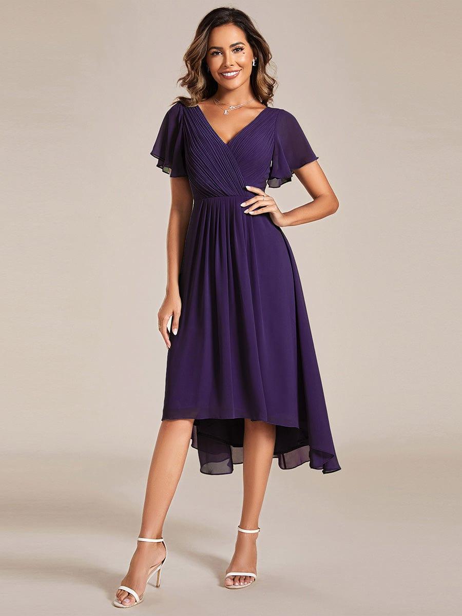 Chiffon Hoch-Tief Hochzeitsgastkleid mit V-Ausschnitt und kurzen Ärmeln 120