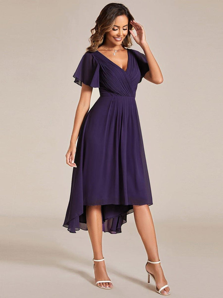 Chiffon Hoch-Tief Hochzeitsgastkleid mit V-Ausschnitt und kurzen Ärmeln 116