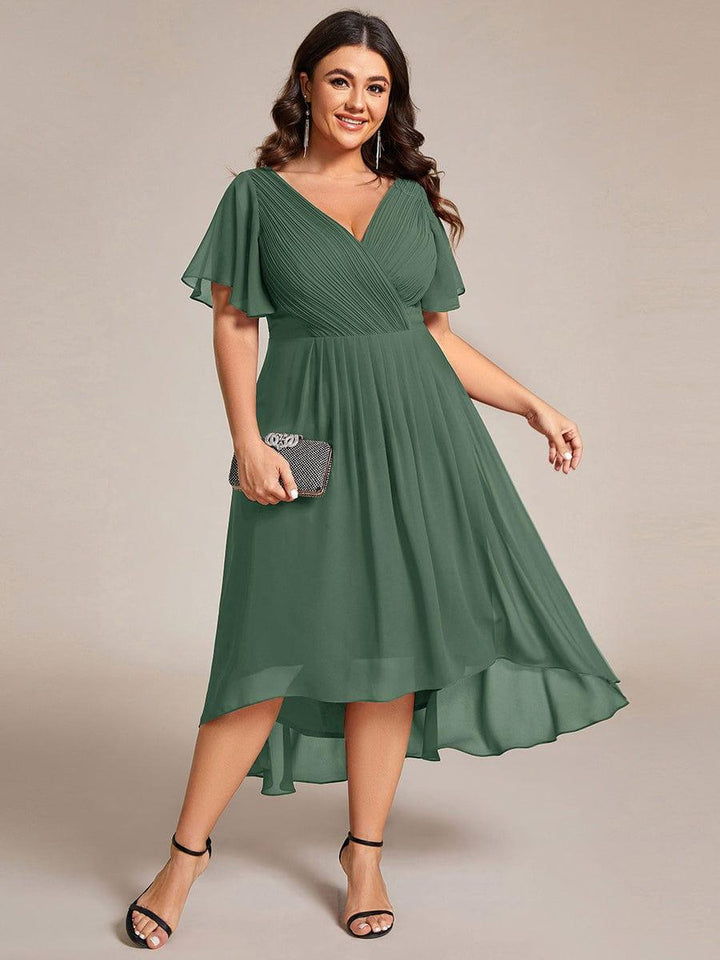 Chiffon Hoch-Tief Hochzeitsgastkleid mit V-Ausschnitt und kurzen Ärmeln 147