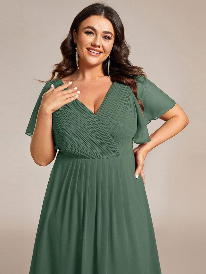 Chiffon Hoch-Tief Hochzeitsgastkleid mit V-Ausschnitt und kurzen Ärmeln 149