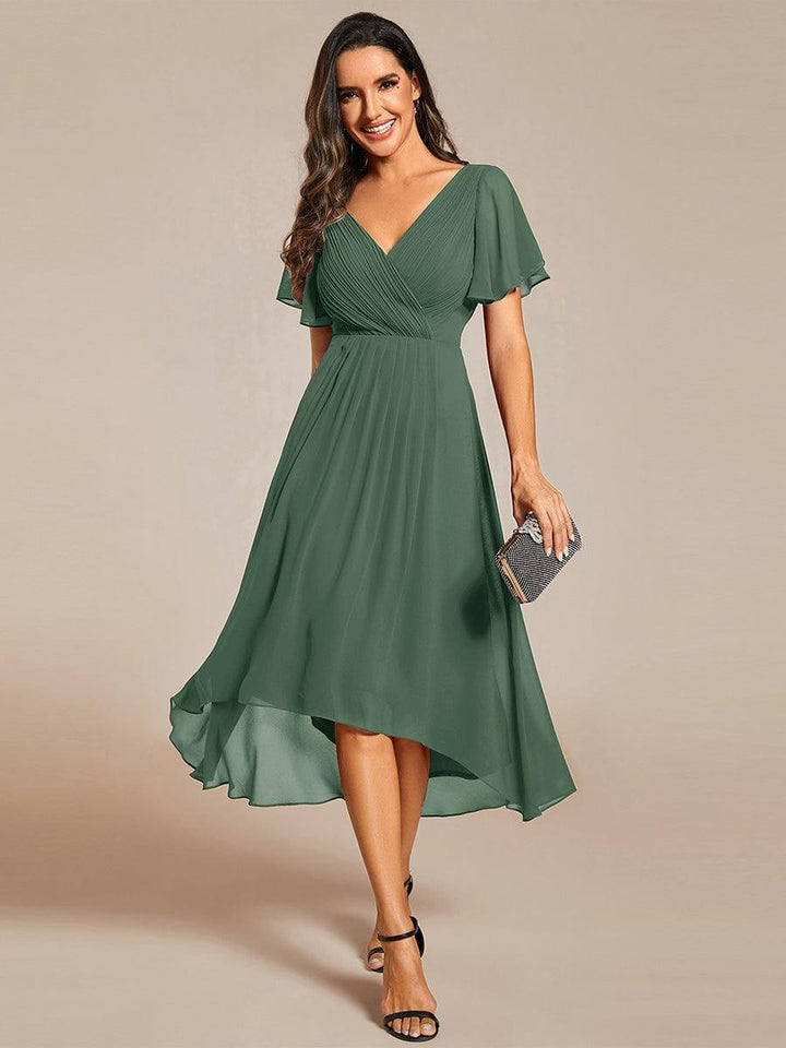 Chiffon Hoch-Tief Hochzeitsgastkleid mit V-Ausschnitt und kurzen Ärmeln 144