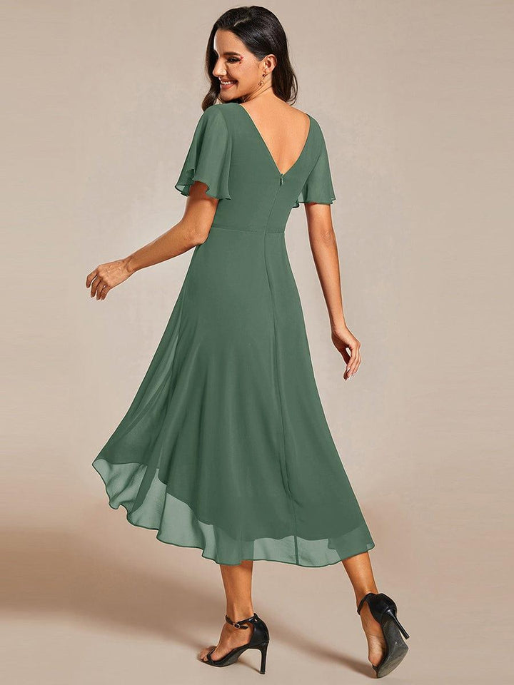 Chiffon Hoch-Tief Hochzeitsgastkleid mit V-Ausschnitt und kurzen Ärmeln 145