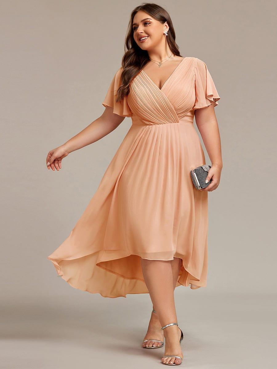 Chiffon Hoch-Tief Hochzeitsgastkleid mit V-Ausschnitt und kurzen Ärmeln 139