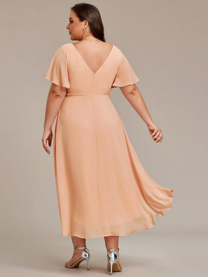 Chiffon Hoch-Tief Hochzeitsgastkleid mit V-Ausschnitt und kurzen Ärmeln 140