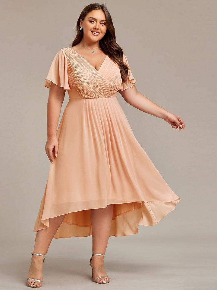 Chiffon Hoch-Tief Hochzeitsgastkleid mit V-Ausschnitt und kurzen Ärmeln 142
