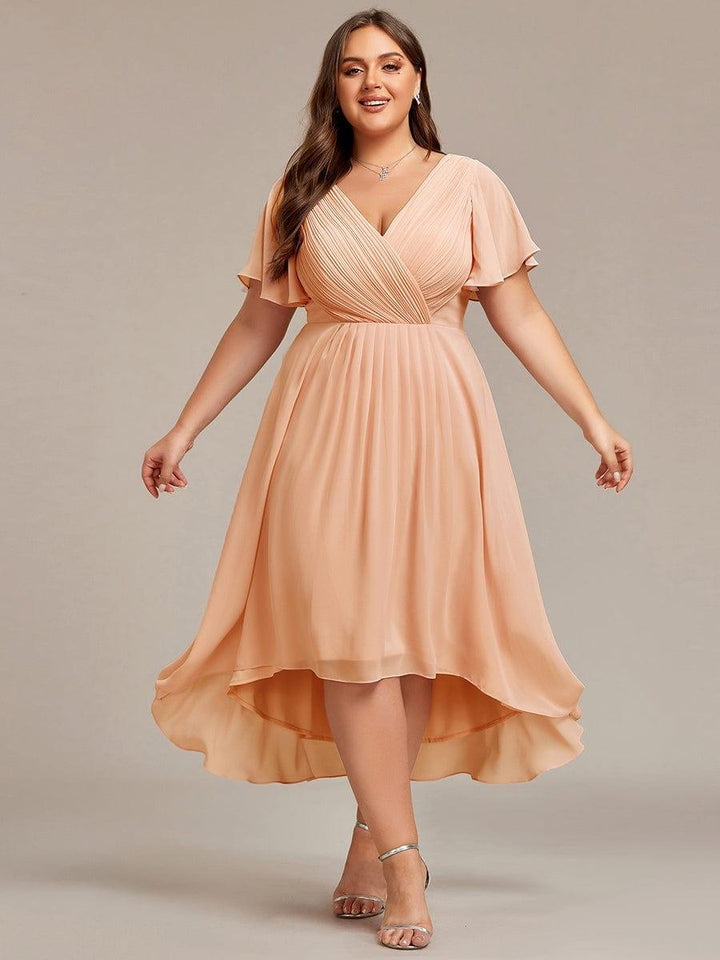 Chiffon Hoch-Tief Hochzeitsgastkleid mit V-Ausschnitt und kurzen Ärmeln 143