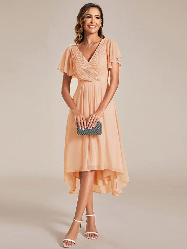 Chiffon Hoch-Tief Hochzeitsgastkleid mit V-Ausschnitt und kurzen Ärmeln 134