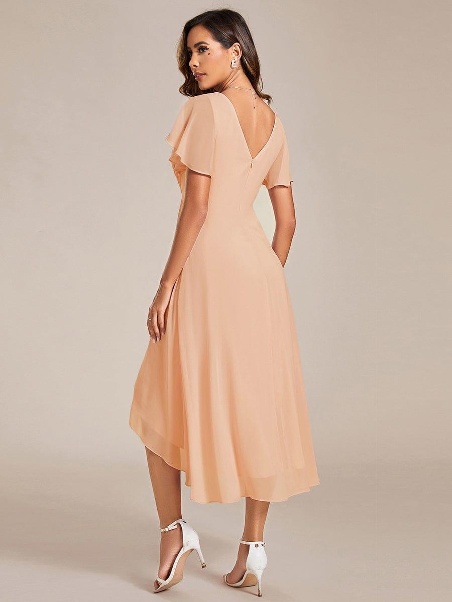 Chiffon Hoch-Tief Hochzeitsgastkleid mit V-Ausschnitt und kurzen Ärmeln 135