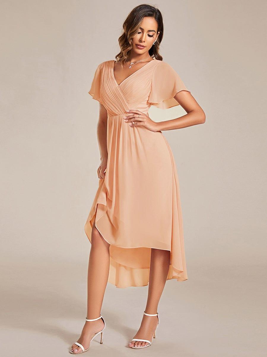 Chiffon Hoch-Tief Hochzeitsgastkleid mit V-Ausschnitt und kurzen Ärmeln 137