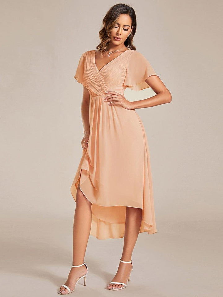 Chiffon Hoch-Tief Hochzeitsgastkleid mit V-Ausschnitt und kurzen Ärmeln 137