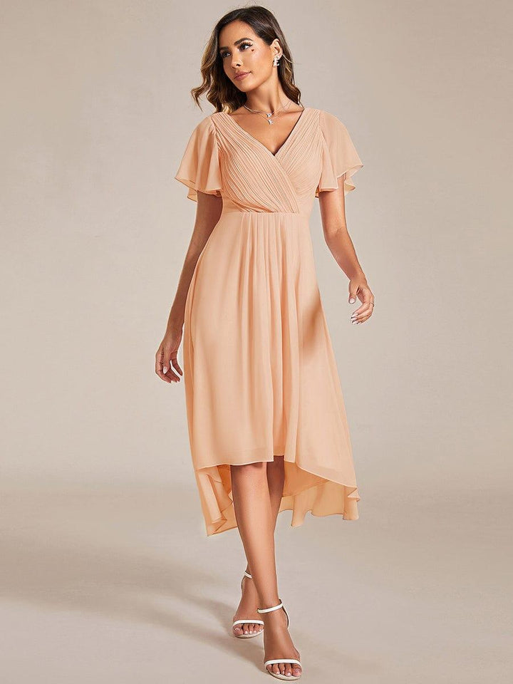 Chiffon Hoch-Tief Hochzeitsgastkleid mit V-Ausschnitt und kurzen Ärmeln 138