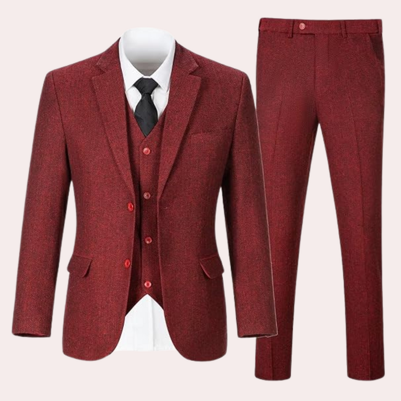 Roter Herrenanzug mit Weste und Krawatte, elegantes Business-Outfit, dreiteiliges Set.