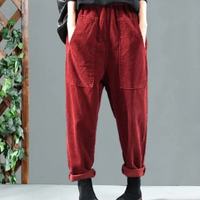 Rote Cordhose Damen, lässig, hohe Taille, Herbstmode, Taschen, bequem, stilvoll.