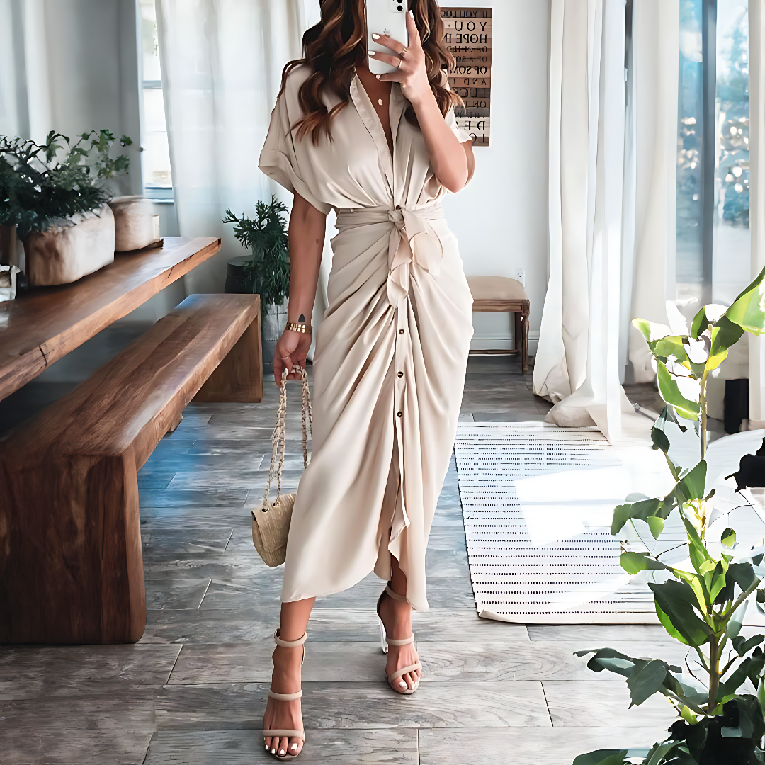 Maxi dress with ruffles and V-neck summer style women's fashion - Elina