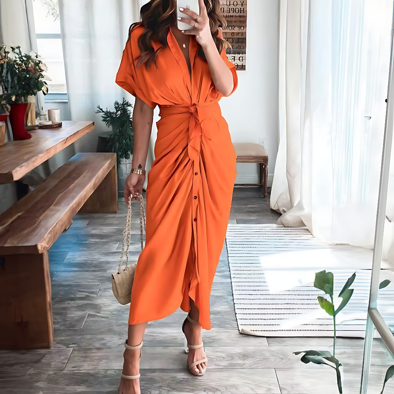 Maxi dress with ruffles and V-neck summer style women's fashion - Elina