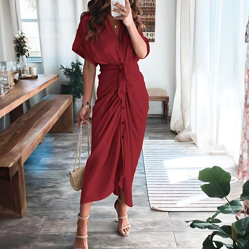 Maxi dress with ruffles and V-neck summer style women's fashion - Elina