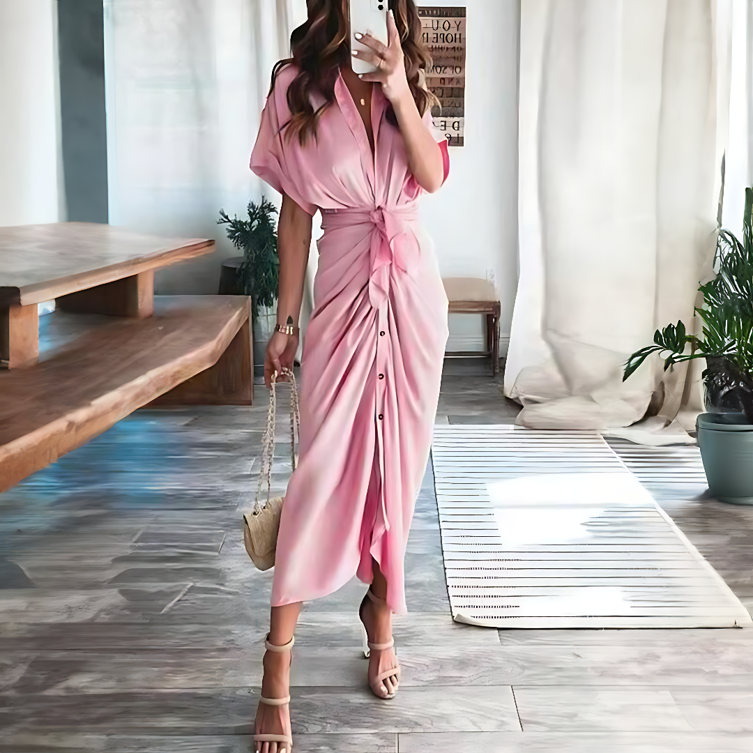 Maxi dress with ruffles and V-neck summer style women's fashion - Elina