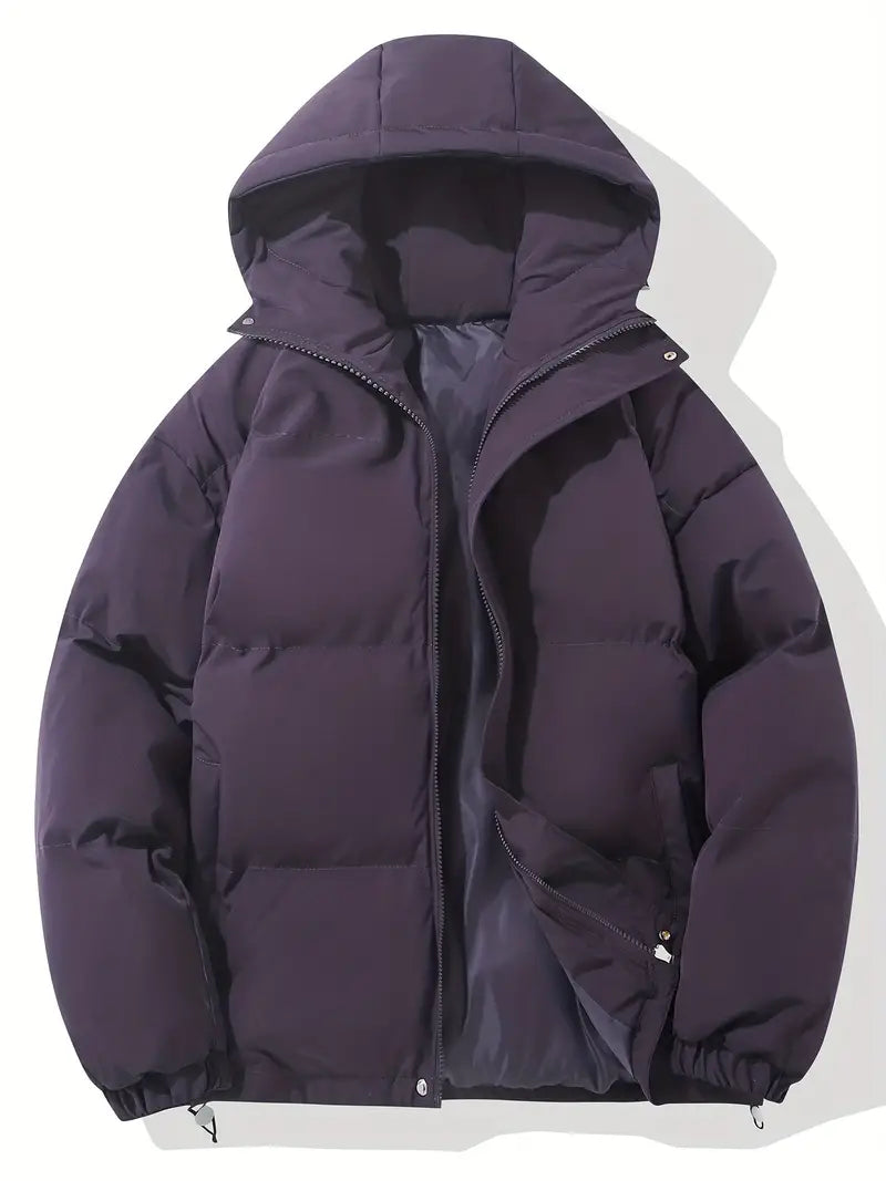 Dunkelblaue Kapuzenjacke, warm, klassisches Design, Wintermode, Herrenbekleidung.