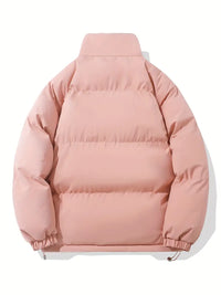 Rosa Daunenjacke mit Kapuze, klassisches Design, warm, Wintermode, Damenbekleidung.