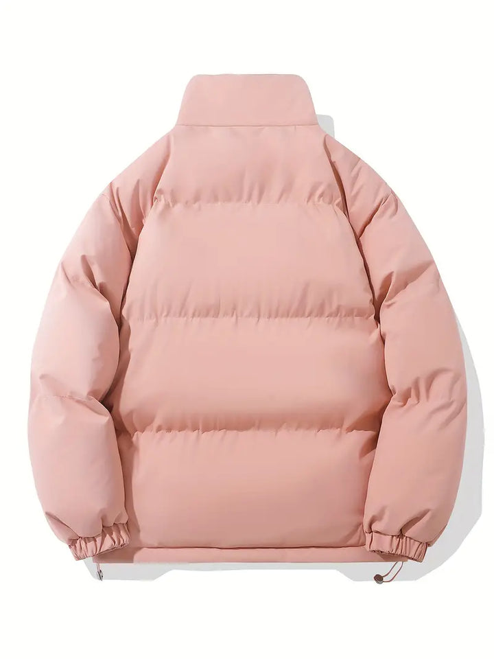 Rosa Daunenjacke mit Kapuze, klassisches Design, warm, Wintermode, Damenbekleidung.