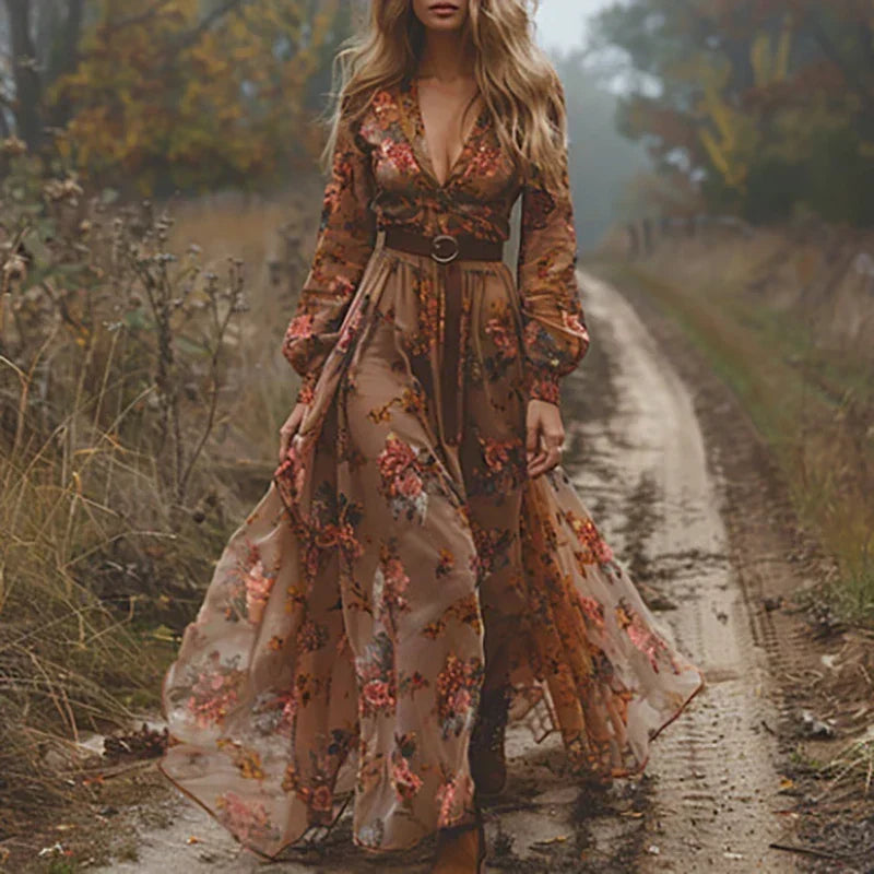 Model in fließendem braun-orangem Maxikleid mit Blumenmuster und Gürtel auf herbstlichem Waldweg 4