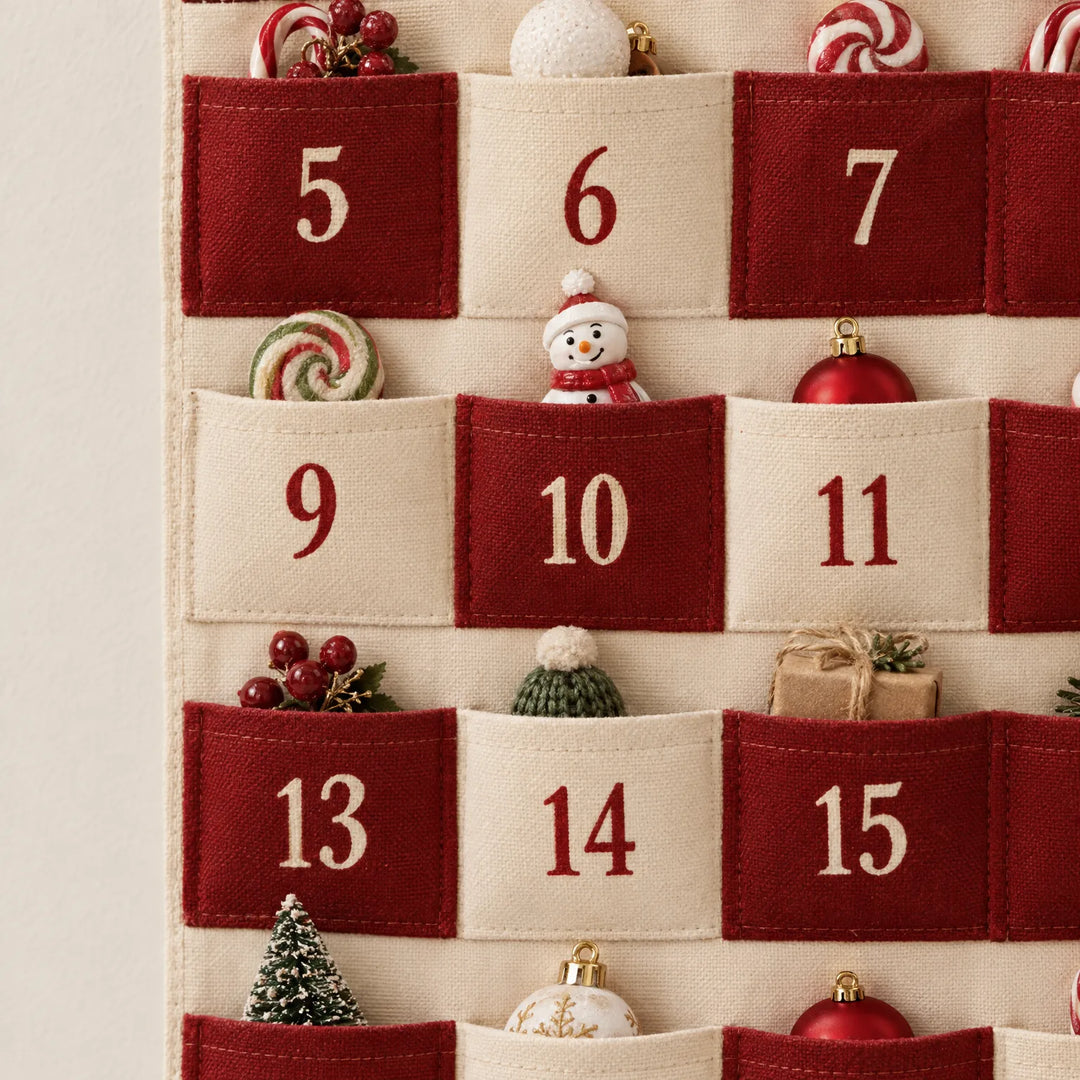 Nahaufnahme der Taschen 5 bis 15 mit grober Stoffstruktur, aufgedruckten Zahlen und Deko wie Schneemann, Strickmütze, Christbaumkugel und Geschenkpaket. 3