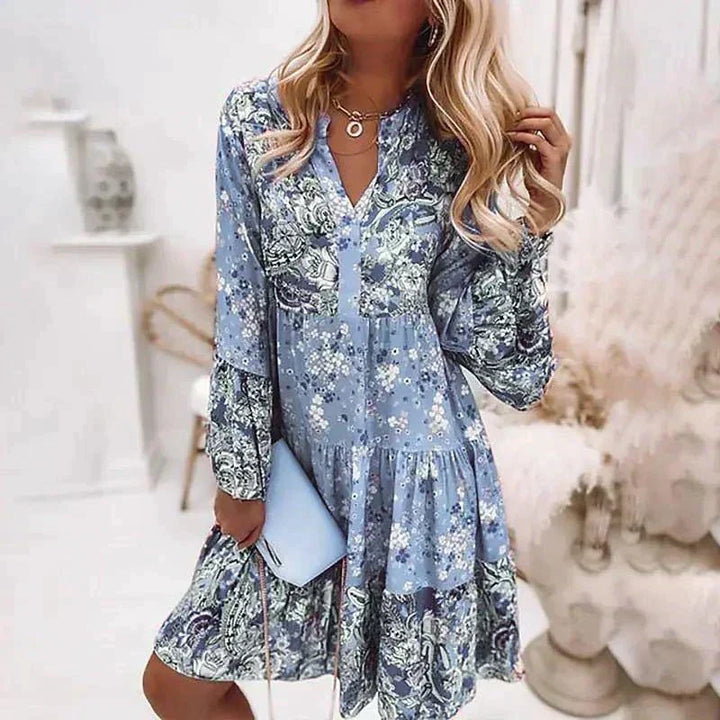 Floral Pattern Midi Dress with Long Sleeves and Button Placket – Amelise