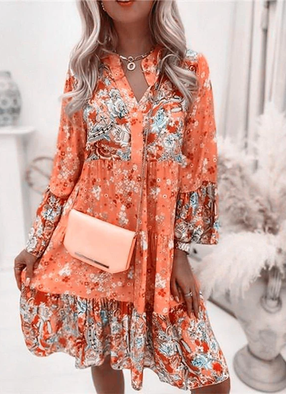 Floral Pattern Midi Dress with Long Sleeves and Button Placket – Amelise
