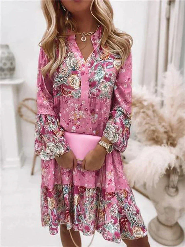 Floral Pattern Midi Dress with Long Sleeves and Button Placket – Amelise