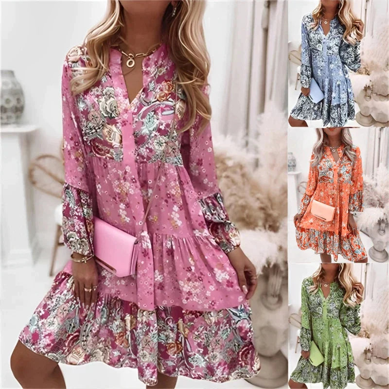 Floral Pattern Midi Dress with Long Sleeves and Button Placket – Amelise