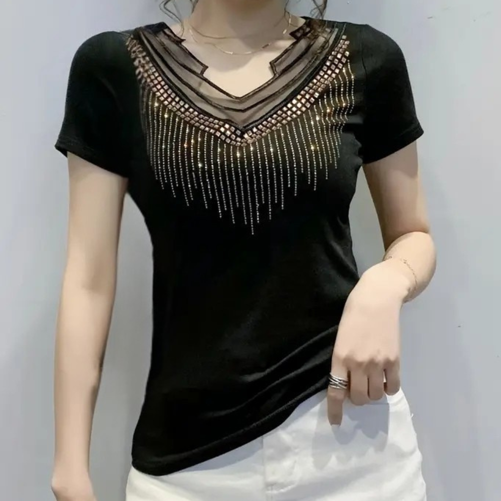 Schwarzes Damen-T-Shirt mit V-Ausschnitt, Perlenverzierung, kurzärmelig, modisch.