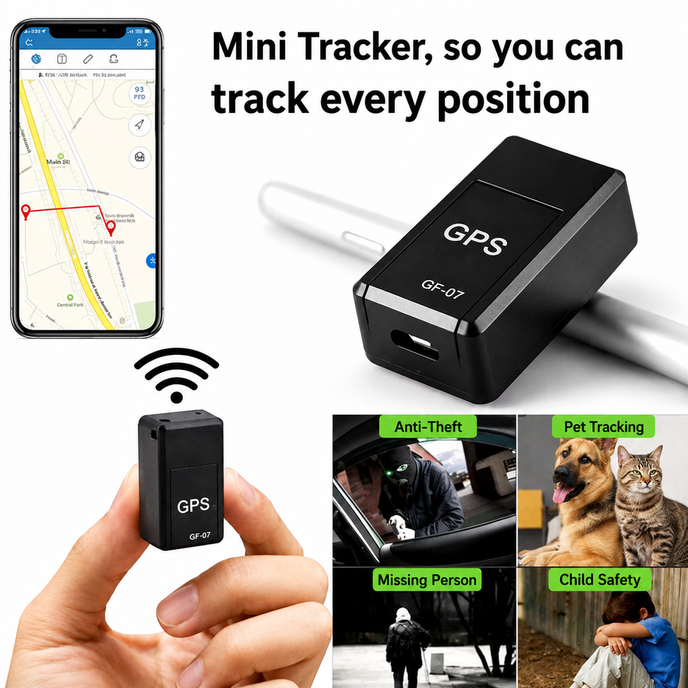 Collage: Tracker in der Hand gehalten, daneben Smartphone-Karte und kleine Bilder zu Diebstahlschutz, Haustieren, Kindern und vermissten Personen. 2