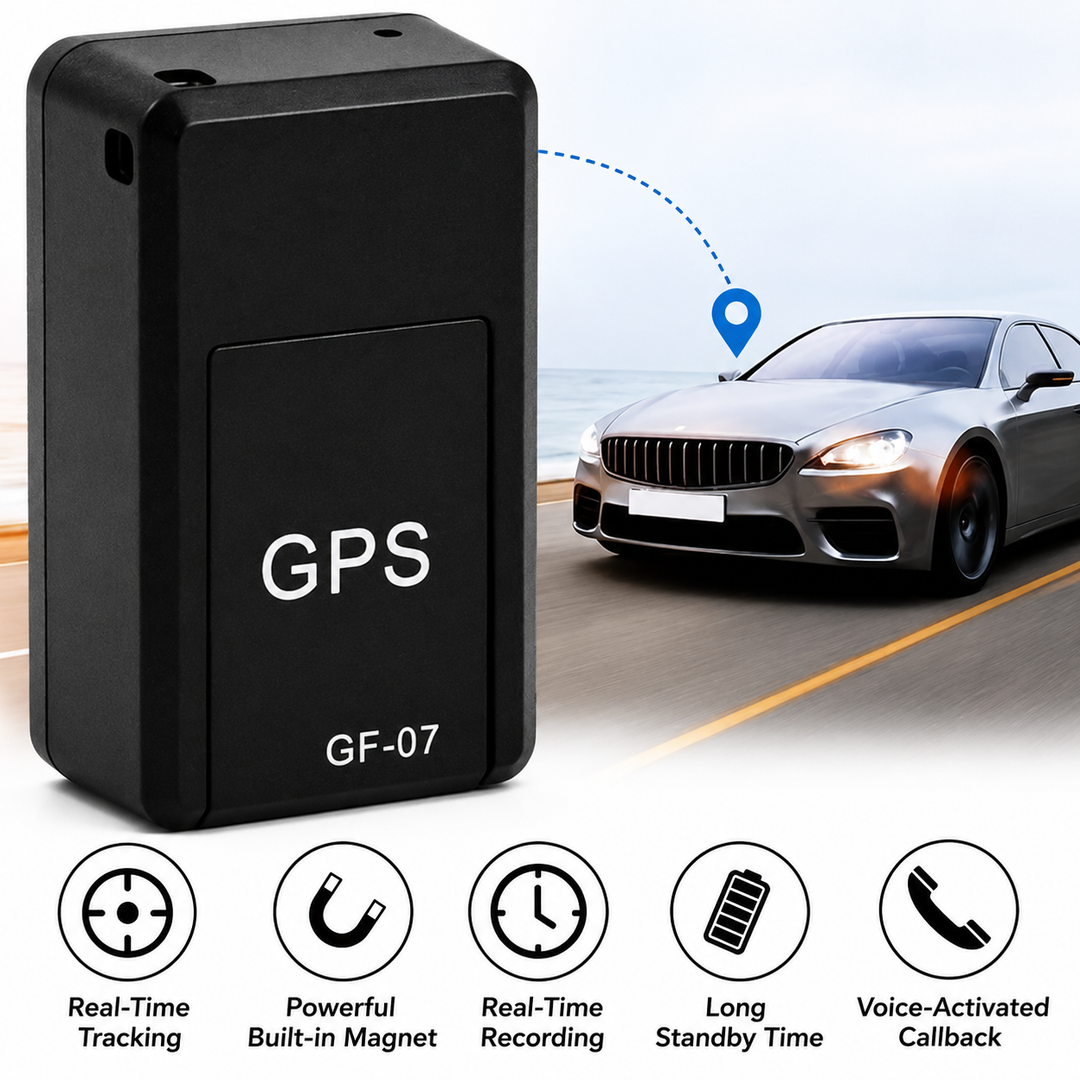 Großaufnahme des schwarzen Trackers vor einem grauen Auto auf einer Küstenstraße, darunter fünf Symbole zu Ortung, Magnet, Aufnahme, Standby und Rückruf. 4