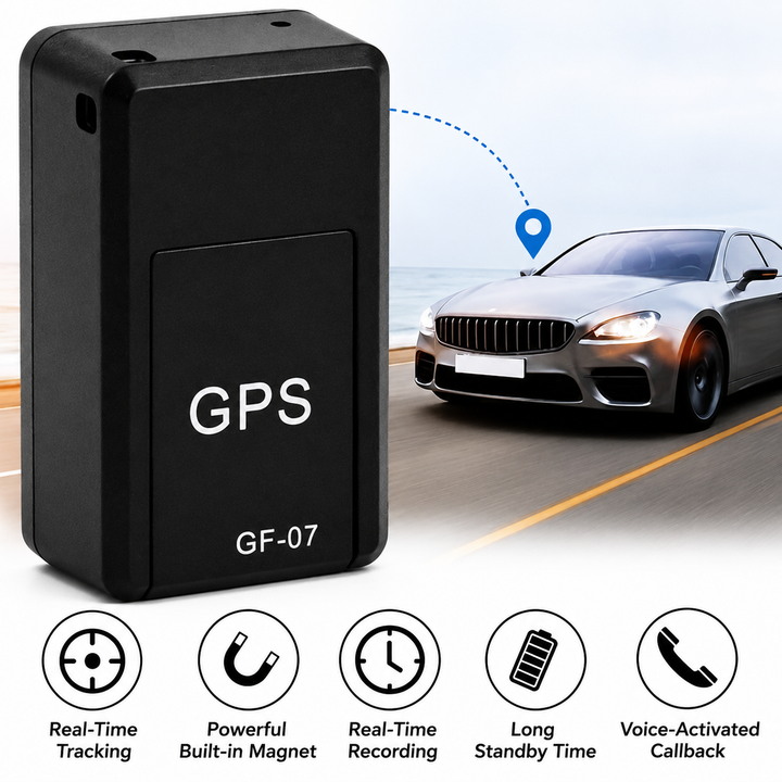 Großaufnahme des schwarzen Trackers vor einem grauen Auto auf einer Küstenstraße, darunter fünf Symbole zu Ortung, Magnet, Aufnahme, Standby und Rückruf. 4