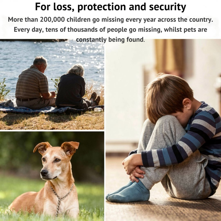 Bildcollage ohne Produkt: ältere Menschen am Wasser, ein Hund mit Kettenhalsband im Gras und ein Kind, das sein Gesicht in den Knien verbirgt. 5