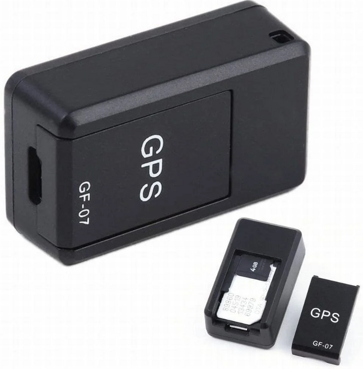 Schwarzer Tracker mit USB-Anschluss an der Seite; unten rechts geöffnet mit herausgenommenem Deckel und eingelegter SIM-Karte samt Speicherkarte. 6