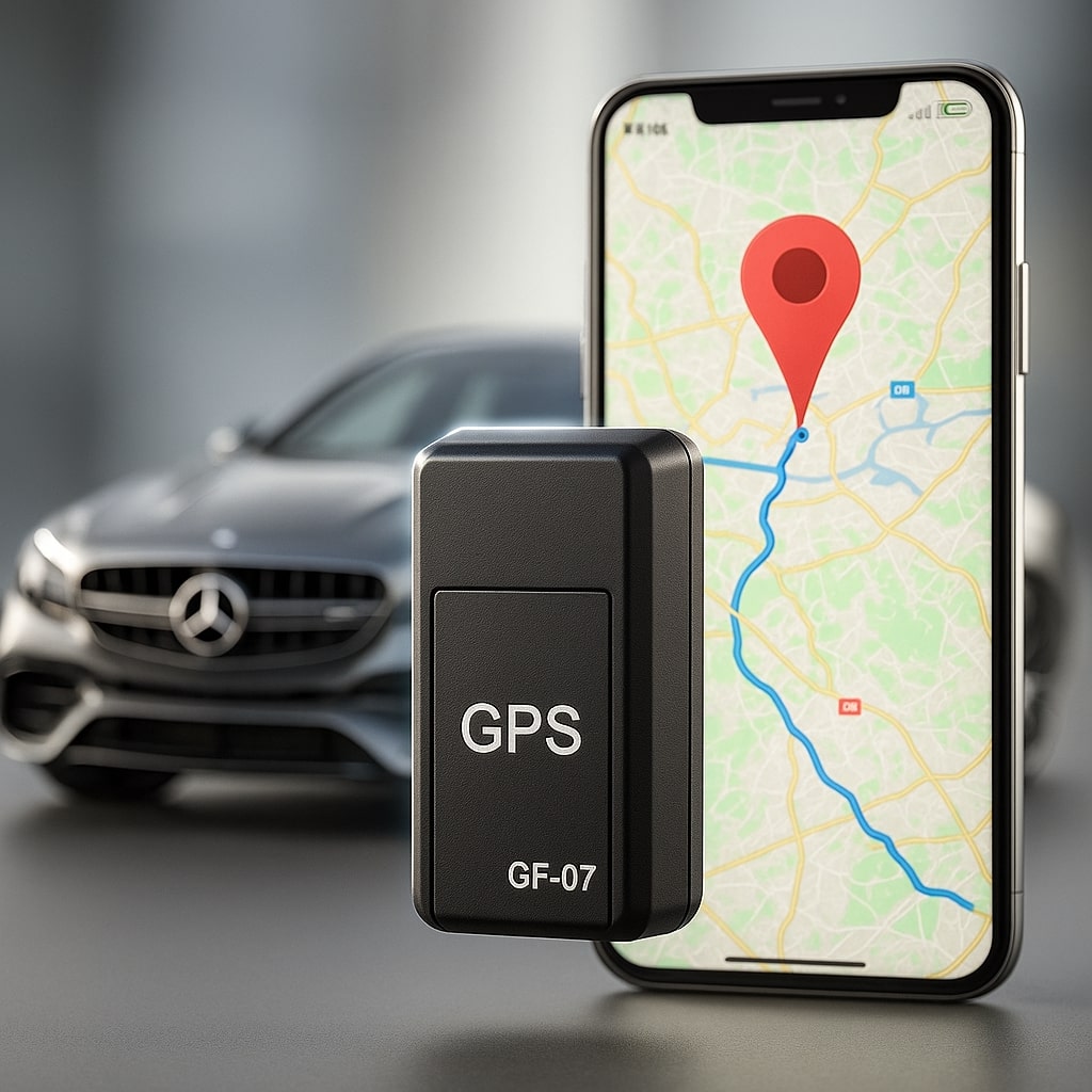 Kleiner schwarzer Tracker vor einem Smartphone mit Kartenansicht, rotem Standortmarker und blauer Route, dahinter eine unscharfe graue Limousine. 1
