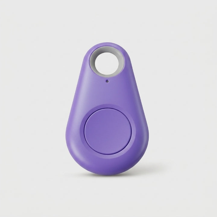 Violetter tropfenförmiger Tracker mit runder Taste und grauer Öse, freigestellt vor hellem Hintergrund 9