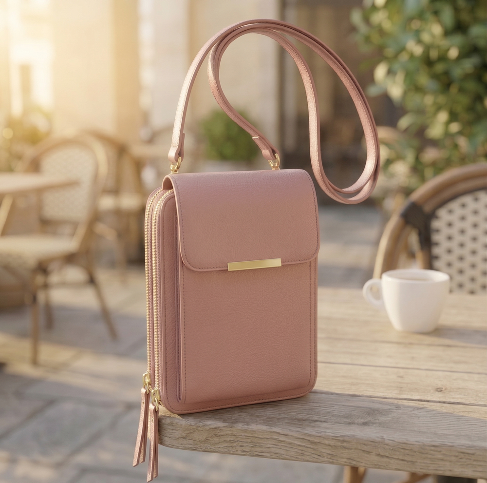Dieselbe Tasche in Altrosa mit goldenen Reißverschlüssen und Quasten, auf einem Holztisch vor sonnigem Café-Hintergrund. 2