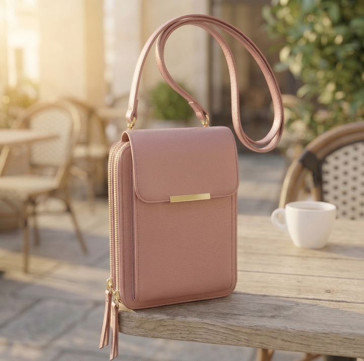 Dieselbe Tasche in Altrosa mit goldenen Reißverschlüssen und Quasten, auf einem Holztisch vor sonnigem Café-Hintergrund. 2