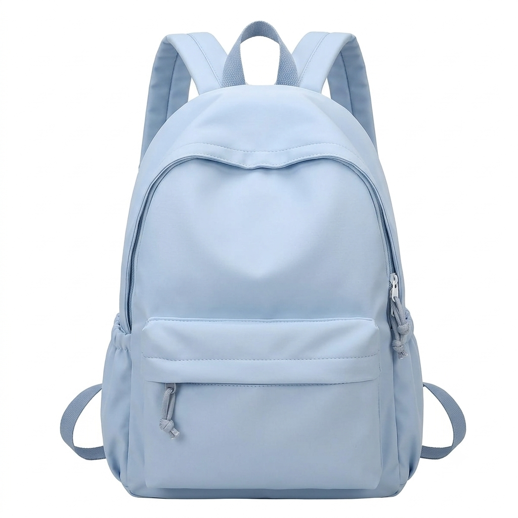 Hellblauer Rucksack in der Frontansicht, mit geräumiger Vortasche, Reißverschluss-Zugbändern und seitlichen Gummizug-Taschen. 6