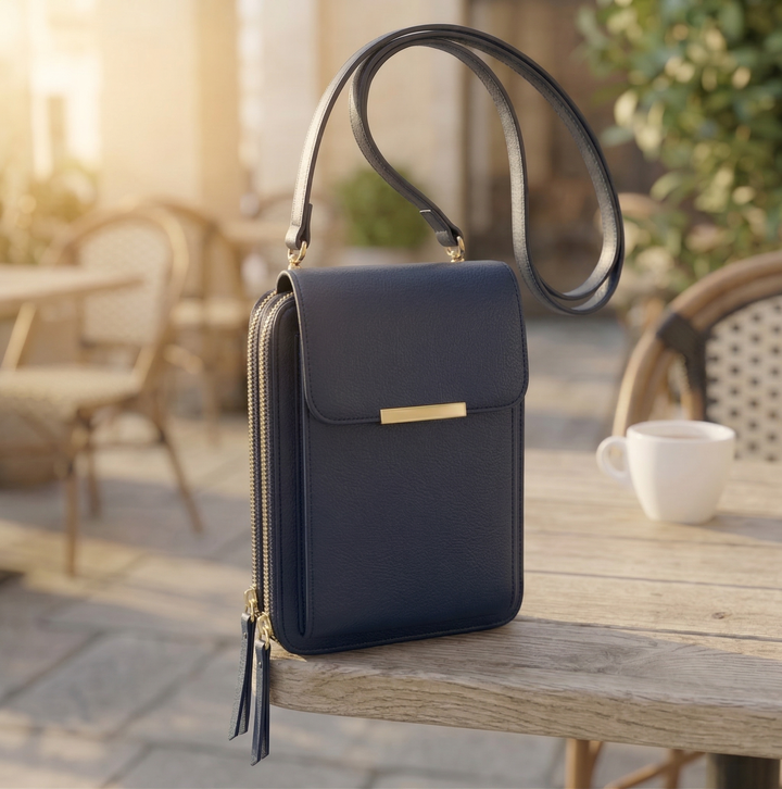 Die Crossbody-Tasche in Marineblau mit Klappe, goldener Spange und doppeltem Reißverschluss auf einem Holztisch im Freien. 3