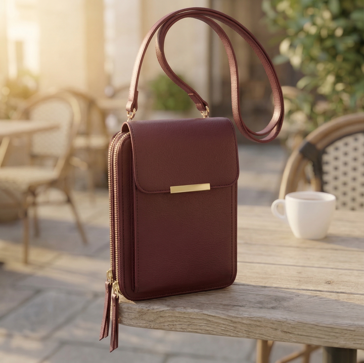 Die Tasche in tiefem Weinrot mit goldener Spange und Doppelreißverschluss, auf einem Holztisch vor unscharfen Caféstühlen. 6