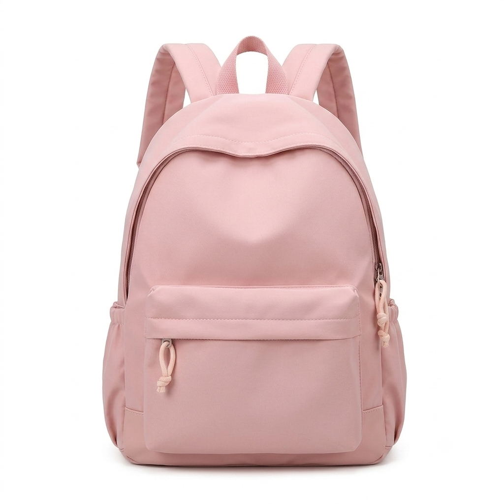 Rosafarbener Rucksack von vorn auf weißem Hintergrund, mit Vortasche, Tragegriff und gepolsterten Schultergurten. 7