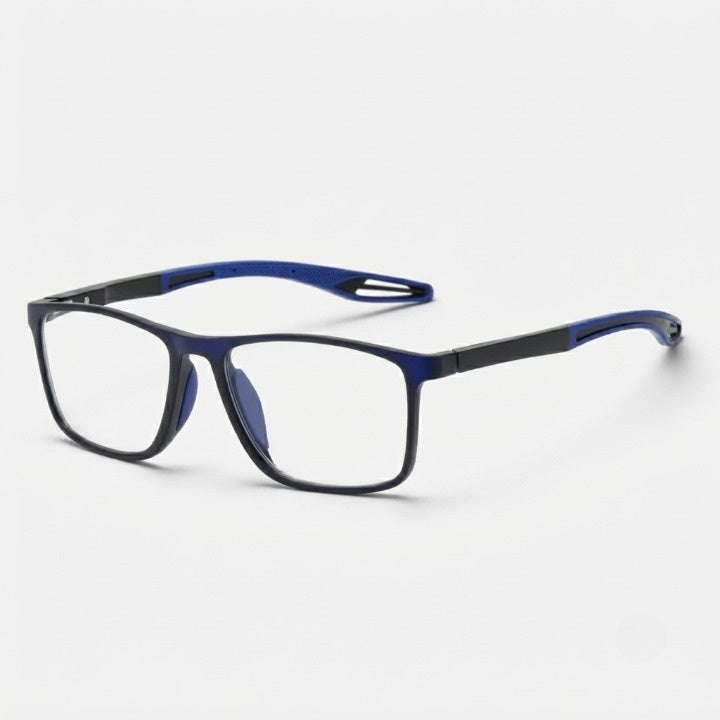 Brille mit dunkelblauem Rahmen und blauen, gelochten Bügelenden, schräg von vorne auf hellem Hintergrund. 7