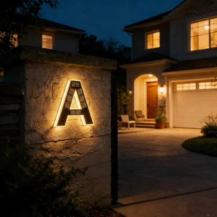 Leuchtender Buchstabe A mit Solarflächen an einem Steinpfosten, im Hintergrund das abendlich beleuchtete Haus. 15