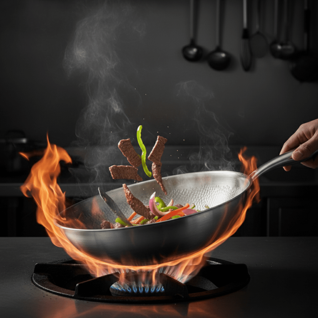 Pfanne über offener Gasflamme, in der Fleischstreifen und Paprika beim Wenden durch die Luft fliegen, daneben hängen Küchenhelfer. 4