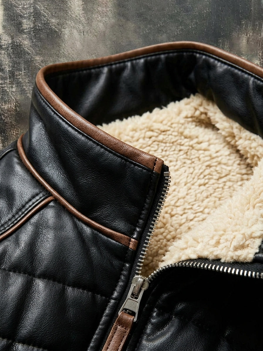 Detailaufnahme des Stehkragens mit brauner Paspelierung, Metallreißverschluss und weichem hellem Fleece im Inneren 3